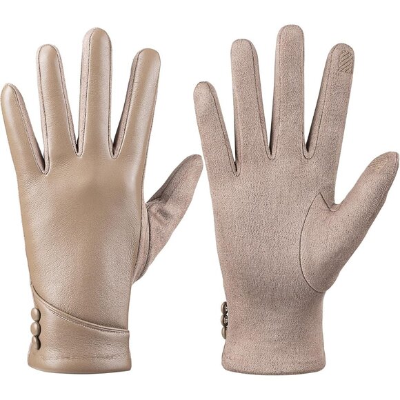 Women's Beige Winter Leather Touch Screen Wool Lined Windproof Warm Dress Gloves - Picture 2 of 7